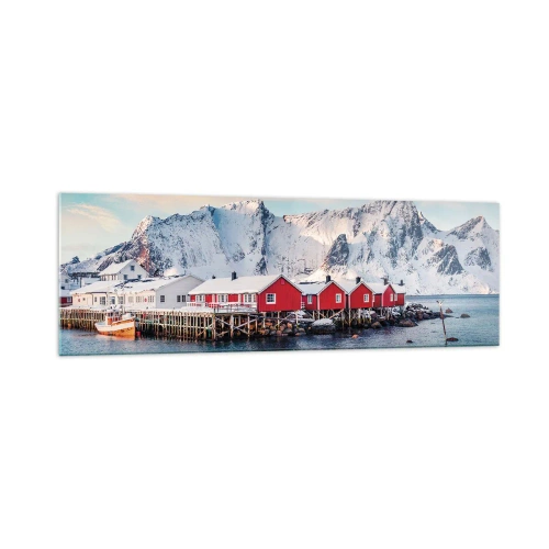 Obraz na szkle - Czerwone domki na tle śnieżnych gór i błękitnego morza - 160x50cm - Północne ustronie - Nowoczesna dekoracja ścienna do salonu i sypialni ARTTOR