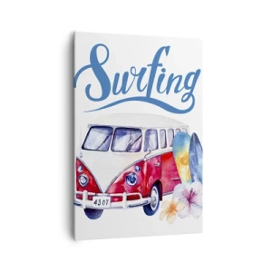 Obraz na płótnie - Kolorowa grafika z busem i motywem surfingu - 70x100cm - Ogórek - klasyk dla surfera - Nowoczesna dekoracja ścienna do salonu i sypialni ARTTOR