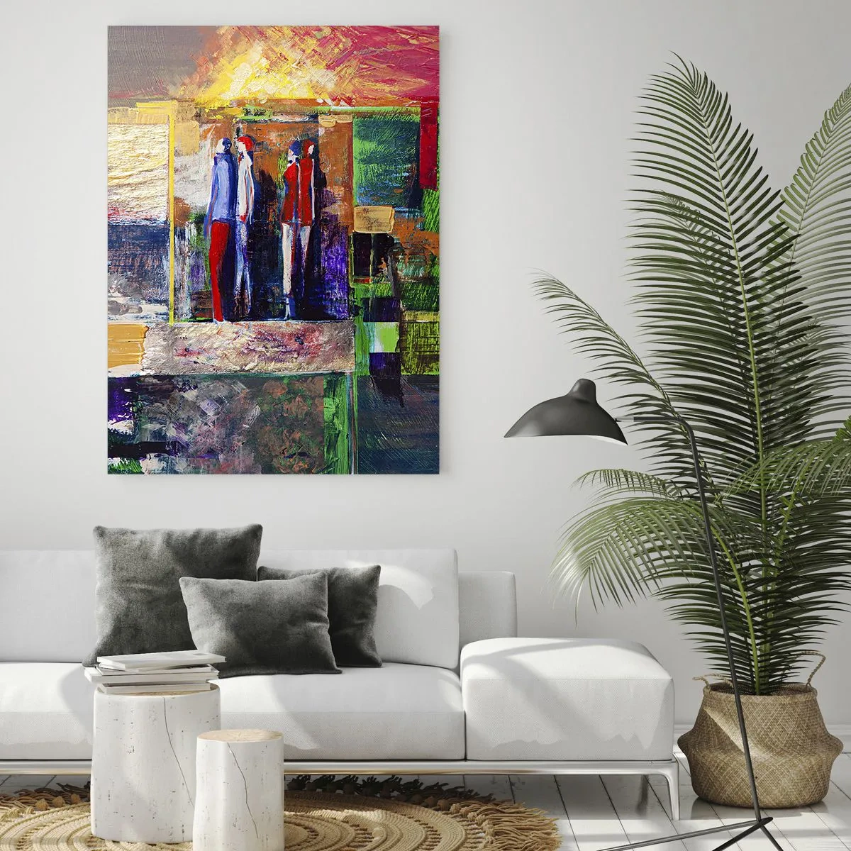 Obraz na szkle - Abstrakcyjna kompozycja z postaciami i geometrycznymi wzorami - 80x120cm - Relacje i emocje - Nowoczesna dekoracja ścienna do salonu i sypialni ARTTOR