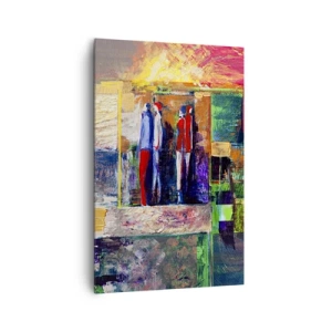 Obraz na płótnie - Abstrakcyjna kompozycja z postaciami i geometrycznymi wzorami - 80x120cm - Relacje i emocje - Nowoczesna dekoracja ścienna do salonu i sypialni ARTTOR