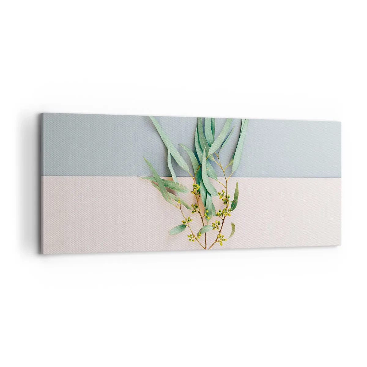 Obraz na płótnie - Gałązka z liśćmi na tle pastelowych odcieni - 120x50cm - Pastelowa subtelność - Nowoczesna dekoracja ścienna do salonu i sypialni ARTTOR