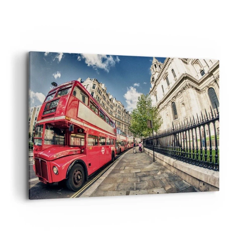 Obraz na płótnie - Czerwony piętrowy autobus w Londynie przy ulicy i katedrze - 120x80cm - Londyńska ulica w szarości i czerwieni - Nowoczesna dekoracja ścienna do salonu, kuchni i sypialni ARTTOR