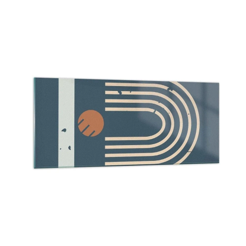 Obraz na szkle - Geometryczny wzór w odcieniach granatu, beżu i pomarańczu na ciemnym tle - 120x50cm - Geometria na granacie - Nowoczesna dekoracja ścienna do salonu i sypialni ARTTOR