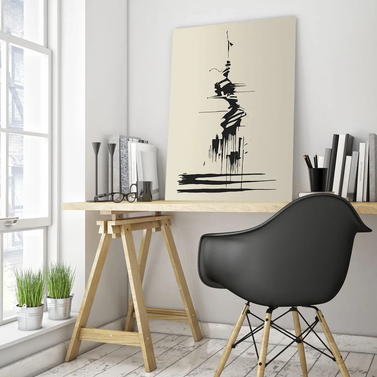 Obraz na szkle - Minimalistyczna abstrakcja z czarnymi liniami na jasnym tle - 80x120cm - Abstrakcja pośpieszna - Nowoczesna dekoracja ścienna do salonu i sypialni ARTTOR