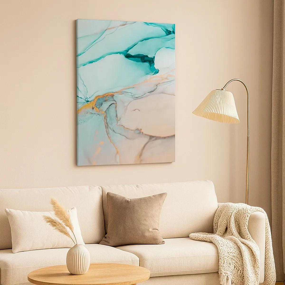 Obraz na płótnie - Abstrakcyjny wzór marmuru w odcieniach turkusu i złota - 50x70cm - Taniec kształtów i barw - Nowoczesna dekoracja ścienna do salonu, kuchni i sypialni ARTTOR