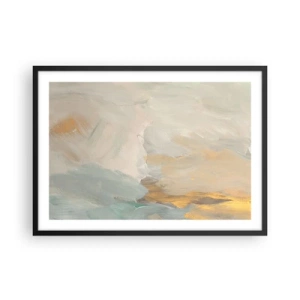 Plakat w czarnej ramie - Delikatne abstrakcyjne pociągnięcia w odcieniach bieli i złota - 70x50cm - Abstrakcja – kraina łagodności - Nowoczesna dekoracja ścienna do salonu i sypialni ARTTOR