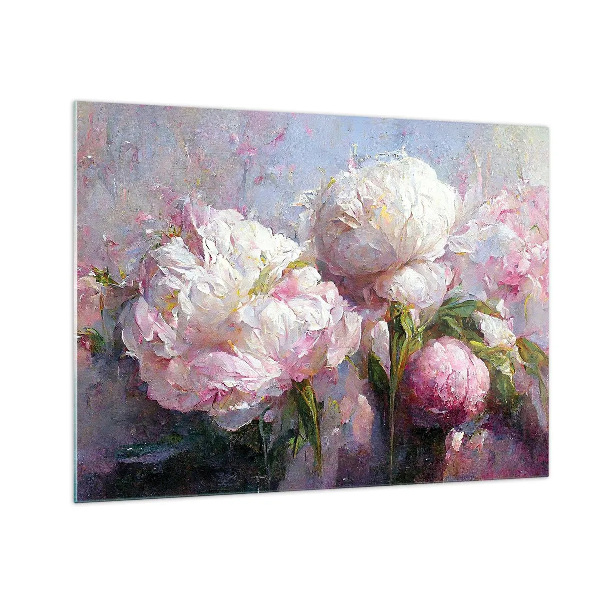 Obraz na szkle - Obraz olejny z rozkwitającymi białymi i różowymi piwoniami - 70x50cm - Kipiący życiem bukiet - Nowoczesna dekoracja ścienna do salonu i sypialni ARTTOR
