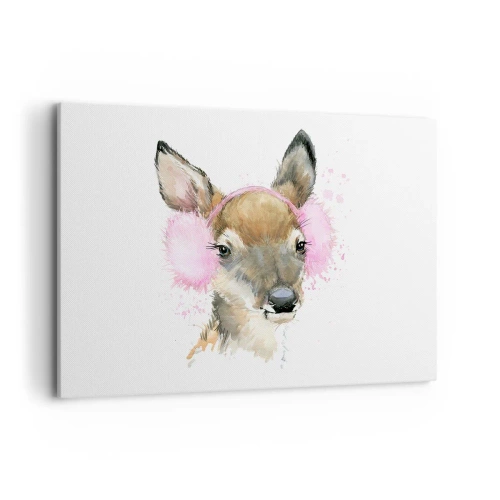 Obraz na płótnie - Akwarelowy jeleń w różowych nausznikach - 100x70cm - I mróz już niestraszny - Nowoczesna dekoracja ścienna do salonu, kuchni i sypialni ARTTOR