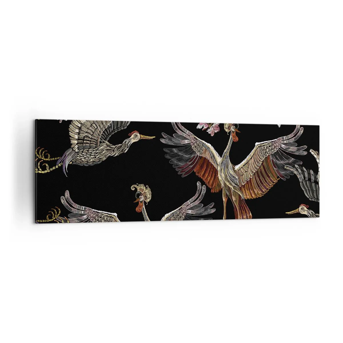 Obraz na płótnie - Stylowe żurawie i kwiaty na czarnym tle - 160x50cm - Baśniowy ptak - Nowoczesna dekoracja ścienna do salonu i sypialni ARTTOR