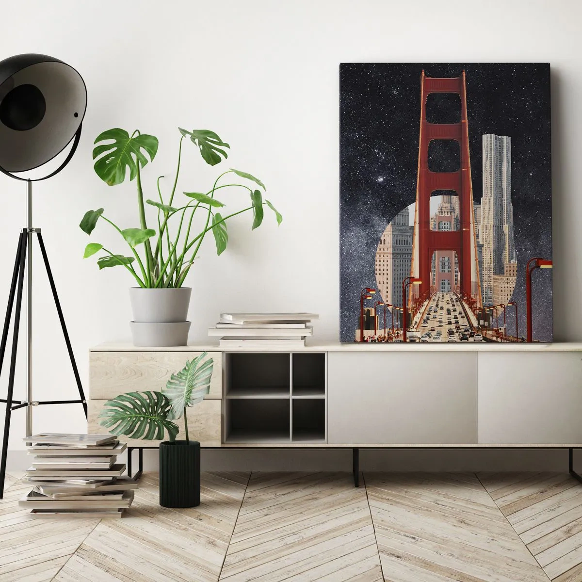 Obraz na płótnie - Most Golden Gate na tle futurystycznego miasta i rozgwieżdżonego nieba - 50x70cm - Zawsze w centrum - Nowoczesna dekoracja ścienna do salonu, kuchni i sypialni ARTTOR