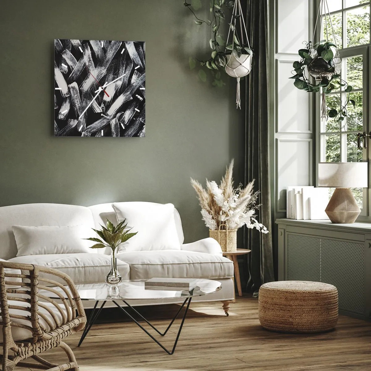 Zegar ścienny - Dynamiczna abstrakcja z białymi pociągnięciami pędzla na czarnym tle - 30x30cm - Abstrakcja w duchu industrialnym - Nowoczesna dekoracja ścienna do salonu i sypialni ARTTOR