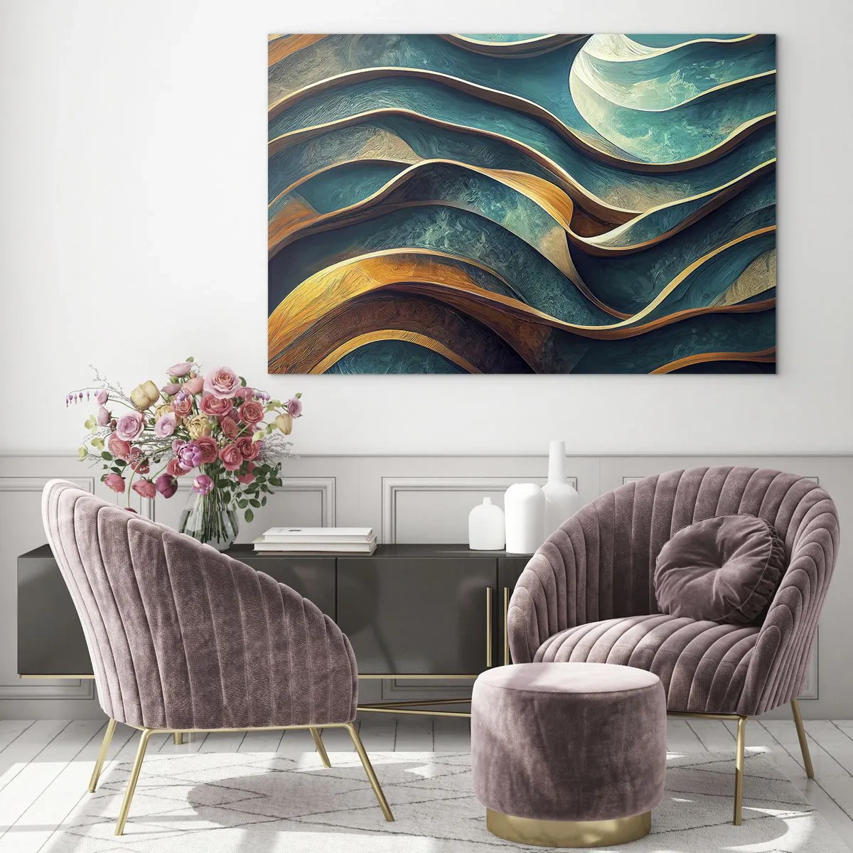 Obraz na szkle - Dynamiczne linie w błękicie i miedzi tworzące fale - 70x50cm - Meandry błękitu - Nowoczesna dekoracja ścienna do salonu i sypialni ARTTOR