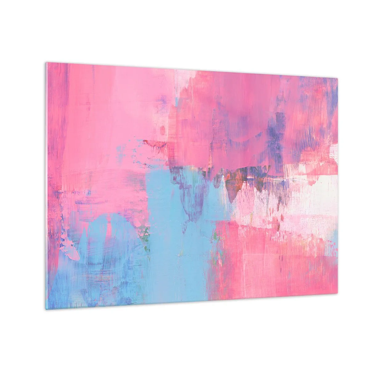 Obraz na szkle - Energetyczna abstrakcja w odcieniach różu i błękitu - 70x50cm - Róż, błękit i szczypta światła - Nowoczesna dekoracja ścienna do salonu i sypialni ARTTOR