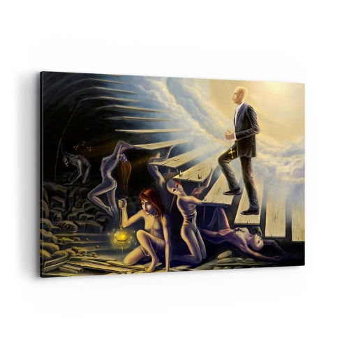 Obraz na płótnie - Symboliczna scena drogi do światła przez zniszczone schody - 100x70cm - Dantejska wędrówka ku światłu - Nowoczesna dekoracja ścienna do salonu, kuchni i sypialni ARTTOR