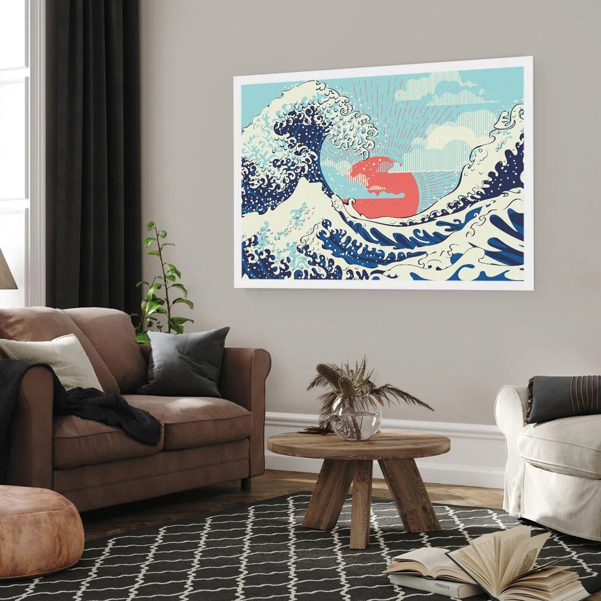 Plakat - Fale oceanu i zachodzące słońce w stylu japońskim - 100x70cm - Z japońskich inspiracji - Nowoczesna dekoracja ścienna do salonu i sypialni ARTTOR