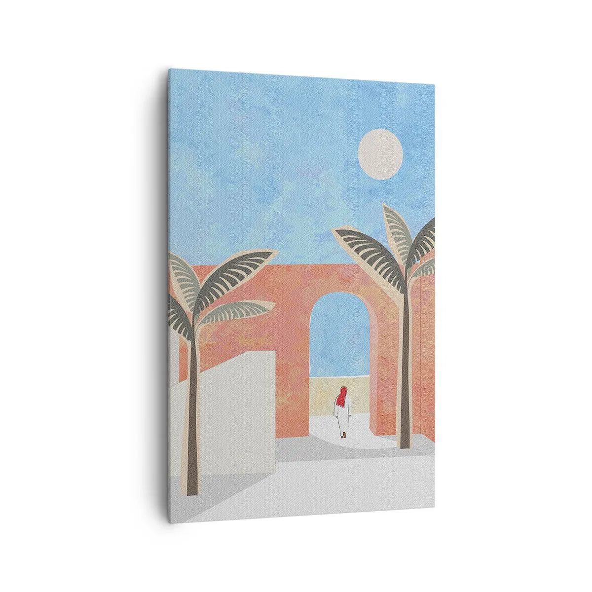 Obraz na płótnie - Minimalistyczna ilustracja architektury z palmami w pastelowych kolorach - 80x120cm - Arabski dzień - Nowoczesna dekoracja ścienna do salonu i sypialni ARTTOR