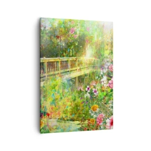 Obraz na płótnie - Most wśród kwitnącego ogrodu - 50x70cm - Mostek wiosennych westchnień - Nowoczesna dekoracja ścienna do salonu, kuchni i sypialni ARTTOR