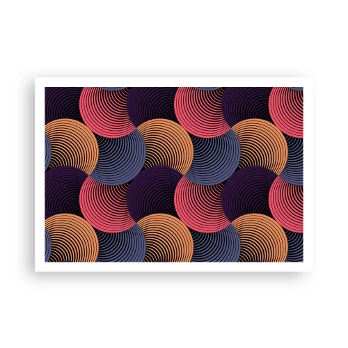 Plakat - Geometryczne kręgi w odcieniach różu, fioletu i złota - 100x70cm - W kolistym rytmie - Nowoczesna dekoracja ścienna do salonu i sypialni ARTTOR