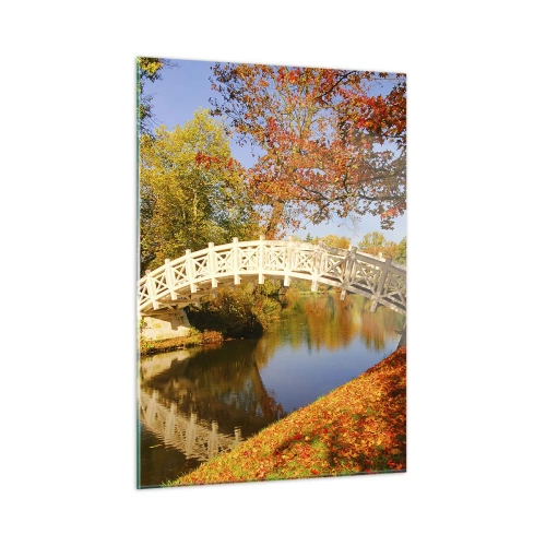 Obraz na szkle - Drewniany mostek nad rzeką otoczony jesiennymi kolorami - 50x70cm - Na białym mostku westchnień - Nowoczesna dekoracja ścienna do salonu, kuchni i sypialni ARTTOR
