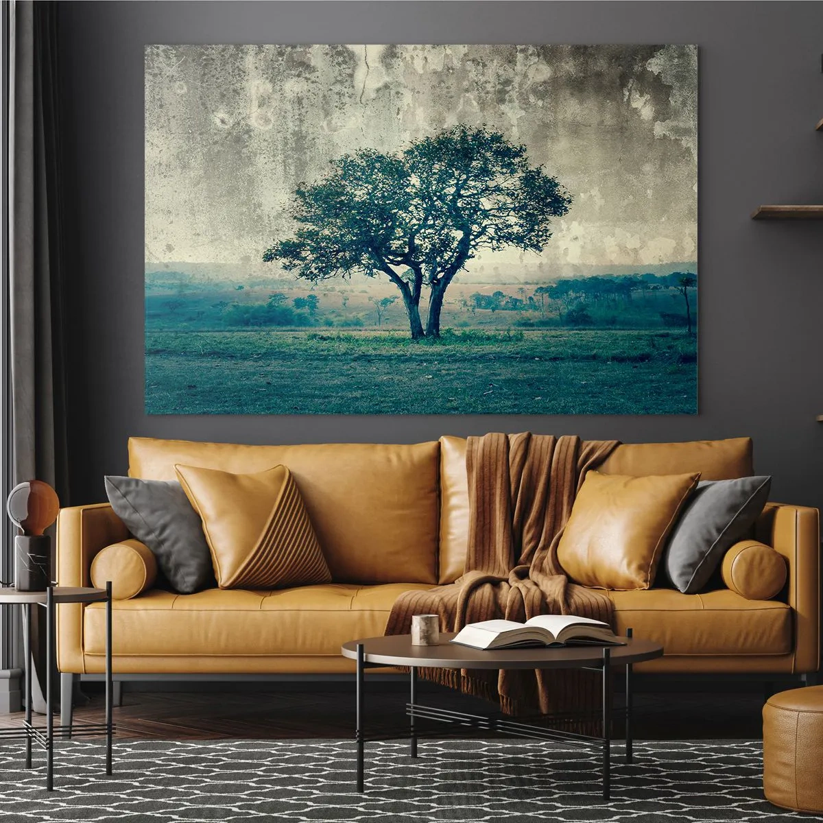 Obraz na szkle - Samotne drzewo na tle pejzażu w stylu vintage - 70x50cm - Jabłoń na błękitnym błoniu? - Nowoczesna dekoracja ścienna do salonu i sypialni ARTTOR