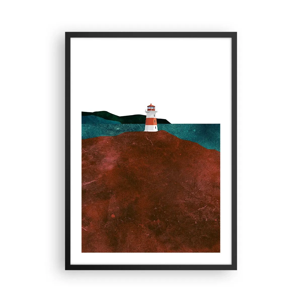 Plakat w czarnej ramie - Minimalistyczny pejzaż z latarnią morską na wzgórzu - 50x70cm - Wpatrzona w morze - Nowoczesna dekoracja ścienna do salonu i sypialni ARTTOR