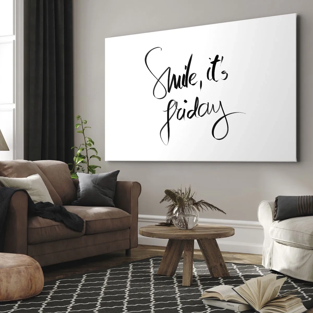 Obraz na płótnie - Czarno-biały napis Smile, it's Friday - 70x50cm - Prawdziwa radość - Nowoczesna dekoracja ścienna do salonu i sypialni ARTTOR