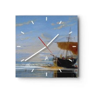 Zegar ścienny - Statek na brzegu morza w słoneczny dzień - 30x30cm - Woda, ziemia, powietrze - Nowoczesna dekoracja ścienna do salonu i sypialni ARTTOR