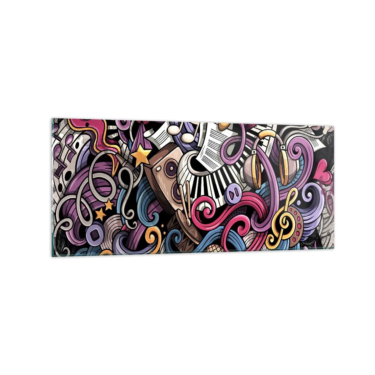 Obraz na szkle - Muzyczna abstrakcja pełna kolorowych instrumentów i nut - 120x50cm - Skomplikowana melodia - Nowoczesna dekoracja ścienna do salonu i sypialni ARTTOR