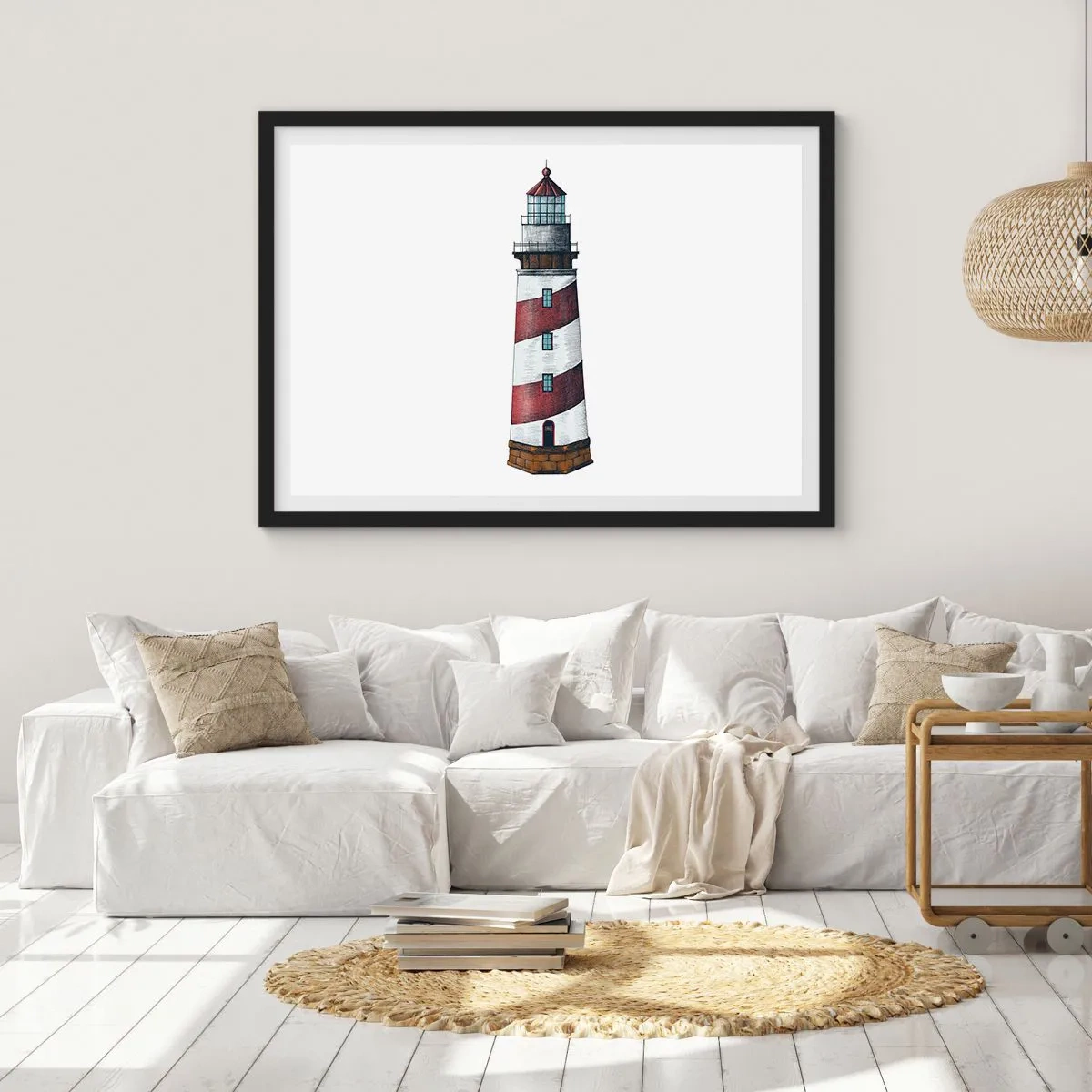 Plakat w czarnej ramie - Rysunkowy obraz latarni morskiej z czerwono-białymi pasami na minimalistycznym tle - 70x50cm - Zawsze na straży - Nowoczesna dekoracja ścienna do salonu i sypialni ARTTOR
