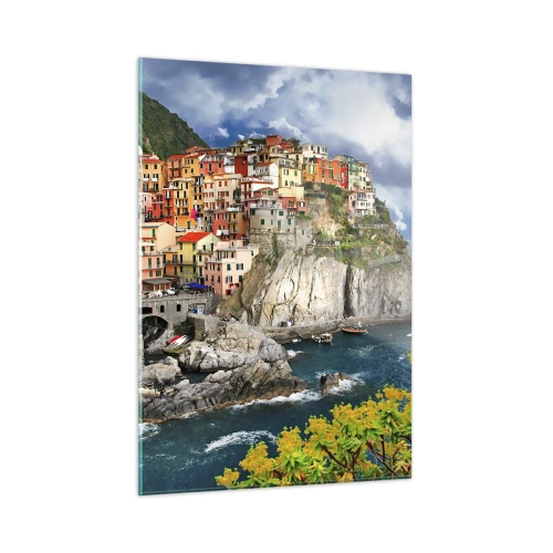 Obraz na szkle - Kolorowe miasteczko na klifie nad morzem - 50x70cm - Gromadka przytulona do skał - Nowoczesna dekoracja ścienna do salonu, kuchni i sypialni ARTTOR