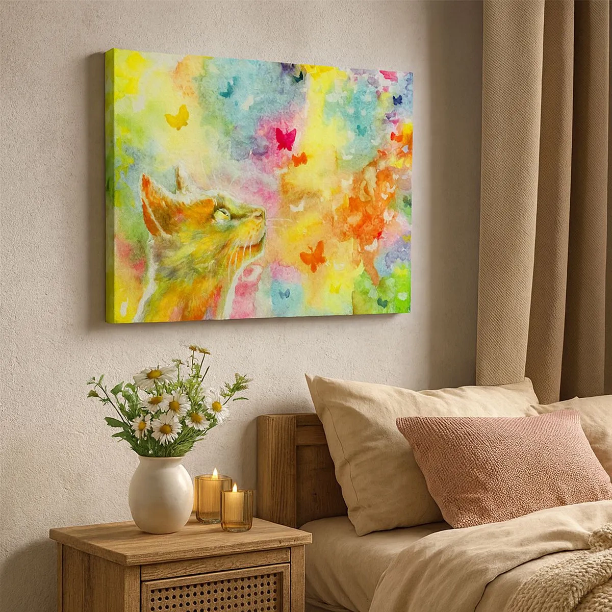 Obraz na płótnie - Kot w otoczeniu kolorowych motyli - 70x50cm - Baju-baju w kocim raju - Nowoczesna dekoracja ścienna do salonu i sypialni ARTTOR