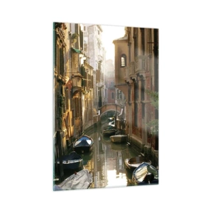 Obraz na szkle - Kanał wenecki z łodziami w otoczeniu zabytkowych kamienic - 50x70cm - W weneckim zaułku - Nowoczesna dekoracja ścienna do salonu, kuchni i sypialni ARTTOR