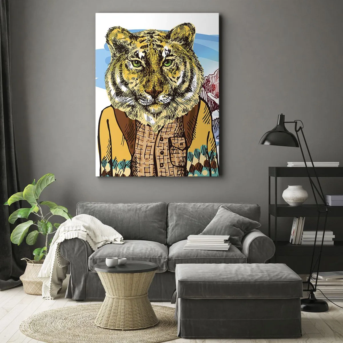 Obraz na płótnie - Artystyczny portret tygrysa w stylowej koszuli - 50x70cm - Nie taki dziki jak go rysują - Nowoczesna dekoracja ścienna do salonu, kuchni i sypialni ARTTOR
