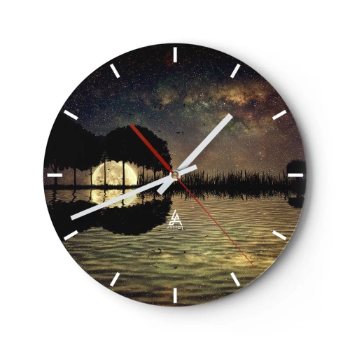 Zegar ścienny - Pejzaż z jeziorem, drzewami i gwiaździstym niebem nocą - 30x30cm - Noc na krańcu świata - Nowoczesna dekoracja ścienna do salonu, kuchni i sypialni ARTTOR