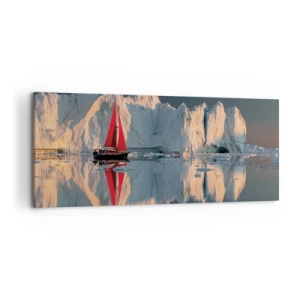 Obraz na płótnie - Żaglówka z czerwonym żaglem na tle lodowca - 120x50cm - Na krańcu świata - Nowoczesna dekoracja ścienna do salonu i sypialni ARTTOR