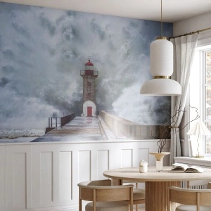 Fototapeta Premium Sand - Latarnia morska wśród ogromnej fali rozbijającej się o brzeg - 100x70cm - Ryk wód, szum zawiei - Nowoczesna dekoracja ścienna do salonu, kuchni i sypialni ARTTOR