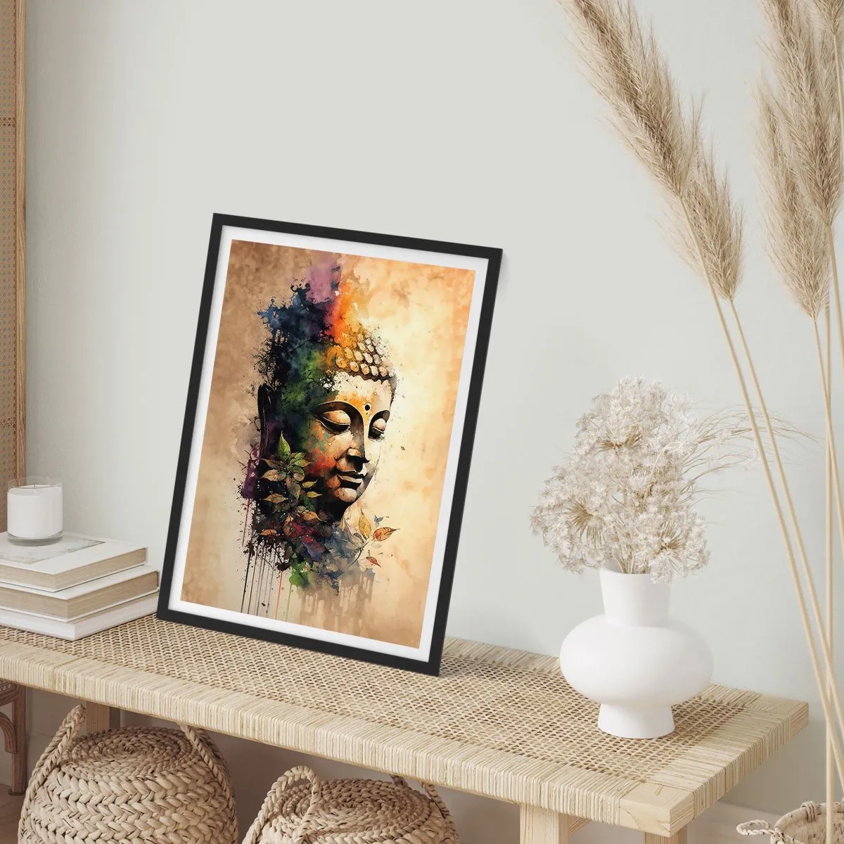 Plakat w czarnej ramie - Kolorowy portret Buddy w artystycznym stylu akwarelowym - 50x70cm - Namaste! - Nowoczesna dekoracja ścienna do salonu i sypialni ARTTOR