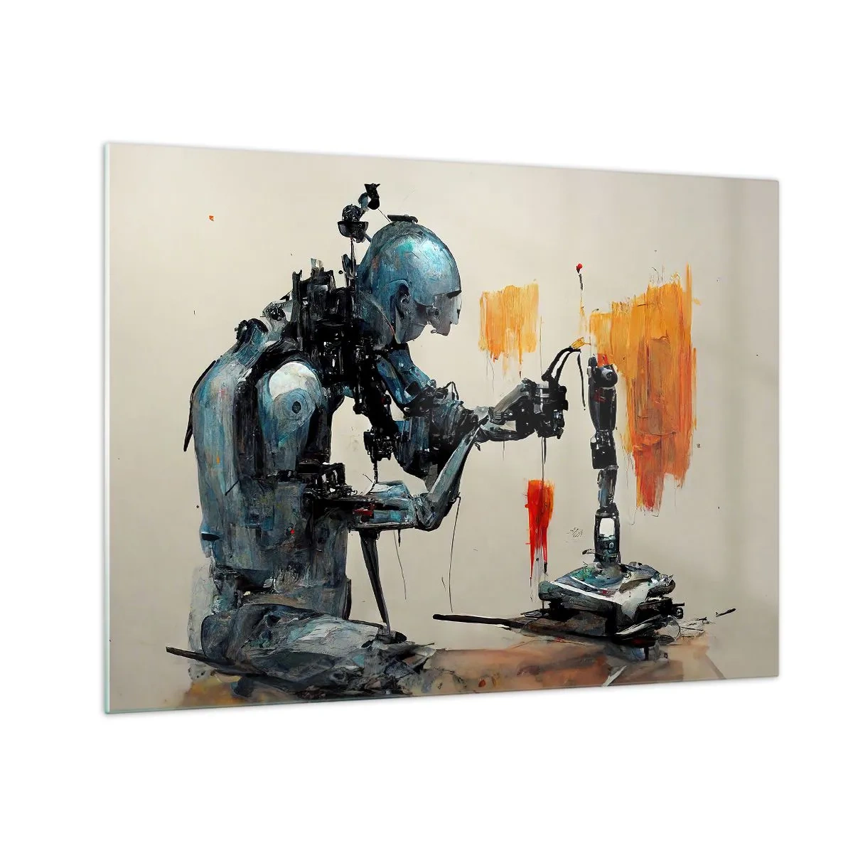 Obraz na szkle - Robot malujący mechaniczną rękę na abstrakcyjnym tle - 70x50cm - Już jutro… - Nowoczesna dekoracja ścienna do salonu i sypialni ARTTOR