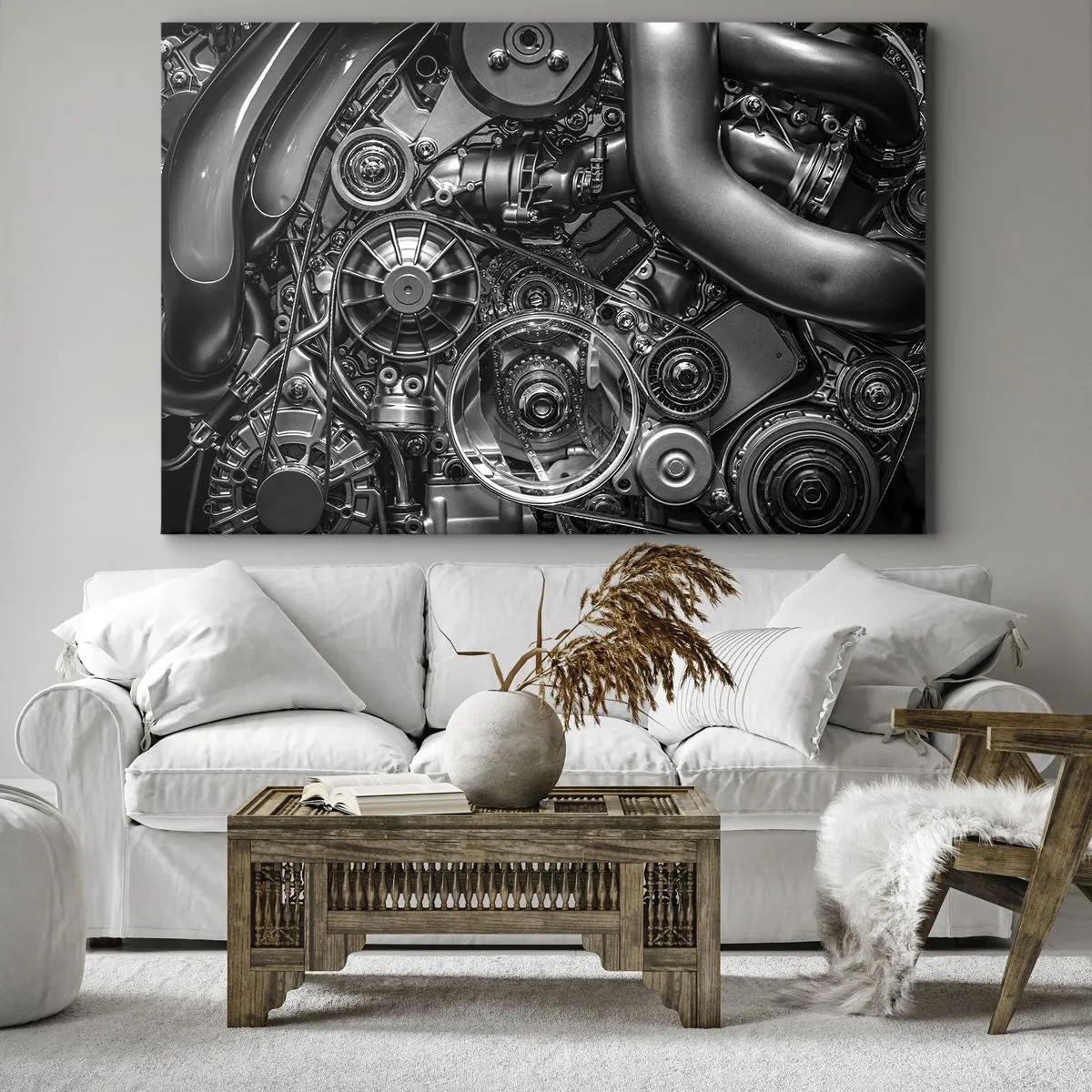 Obraz na płótnie - Czarno-białe zbliżenie na mechaniczne detale silnika samochodu - 70x50cm - Poezja mechaniki - Nowoczesna dekoracja ścienna do salonu i sypialni ARTTOR