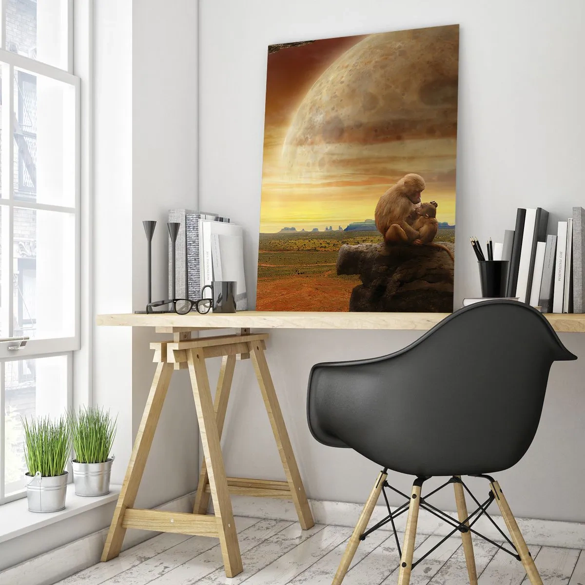 Obraz na szkle - Małpy siedzące na skale na tle ogromnego księżyca - 50x70cm - Miłość wszędzie ta sama - Nowoczesna dekoracja ścienna do salonu, kuchni i sypialni ARTTOR