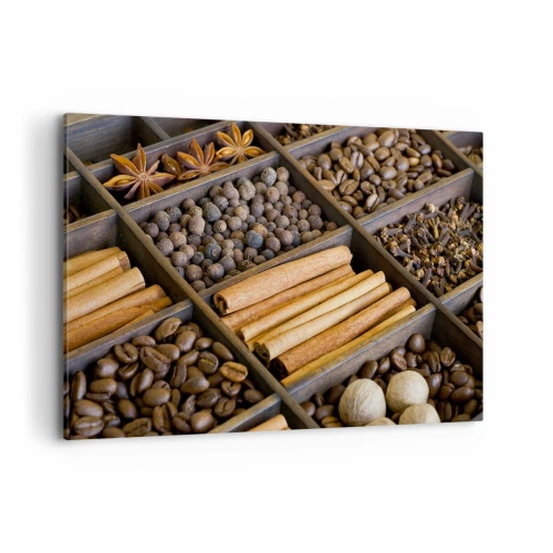 Obraz na płótnie - Przyprawy i kawa w drewnianych przegródkach - 120x80cm - Skarbiec aromatów - Nowoczesna dekoracja ścienna do salonu, kuchni i sypialni ARTTOR