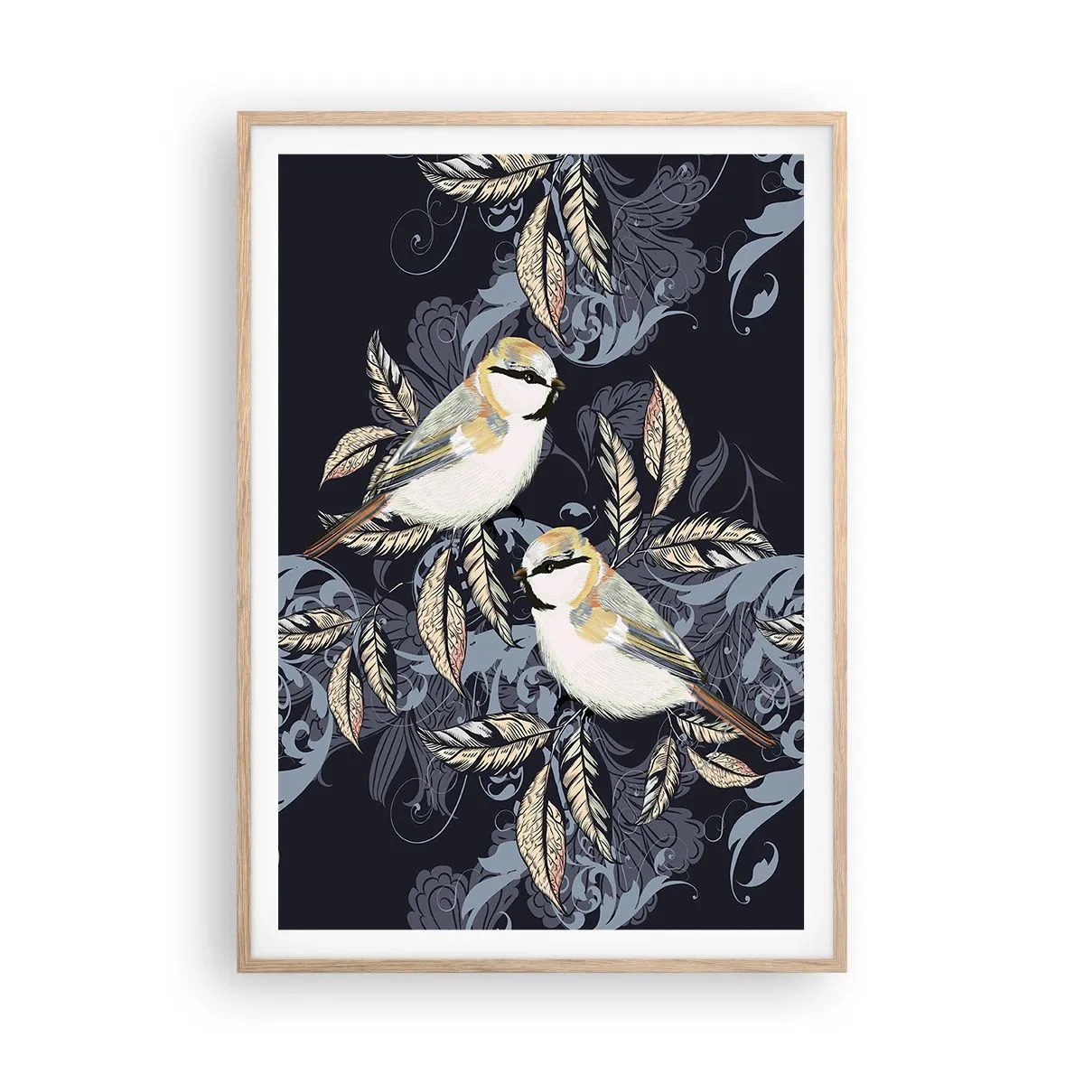 Plakat w ramie jasny dąb - Żółto-błękitny trel - 70x100 cm