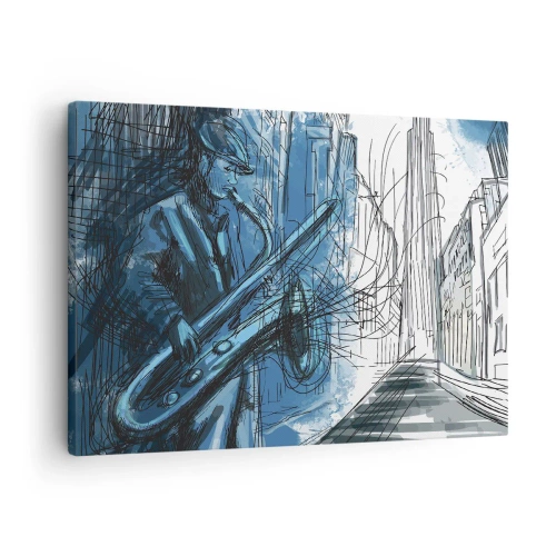 Obraz na płótnie - Postać grająca na saksofonie na tle miasta - 70x50cm - Miejska rapsodia - Nowoczesna dekoracja ścienna do salonu i sypialni ARTTOR