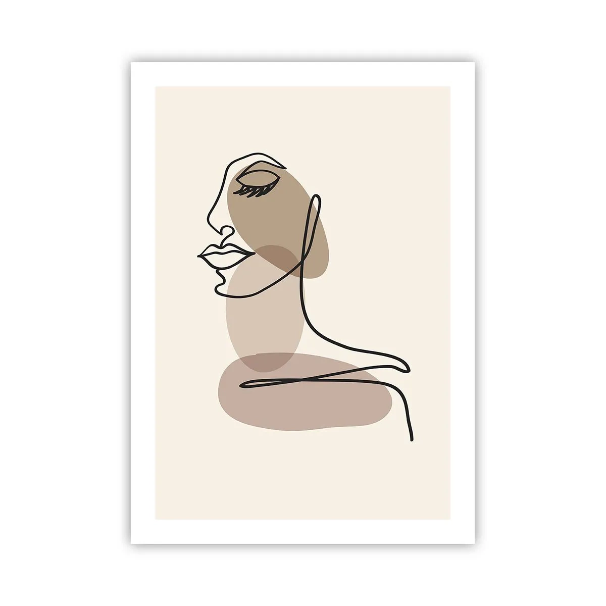 Plakat - Minimalistyczny portret kobiety w beżowych odcieniach - 50x70cm - Zasłuchana w siebie - Nowoczesna dekoracja ścienna do salonu, kuchni i sypialni ARTTOR