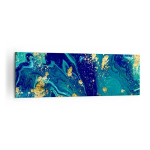 Obraz na płótnie - Abstrakcyjna kompozycja z błękitem, zielenią i złotymi akcentami - 160x50cm - Płatki słońca  - Nowoczesna dekoracja ścienna do salonu i sypialni ARTTOR
