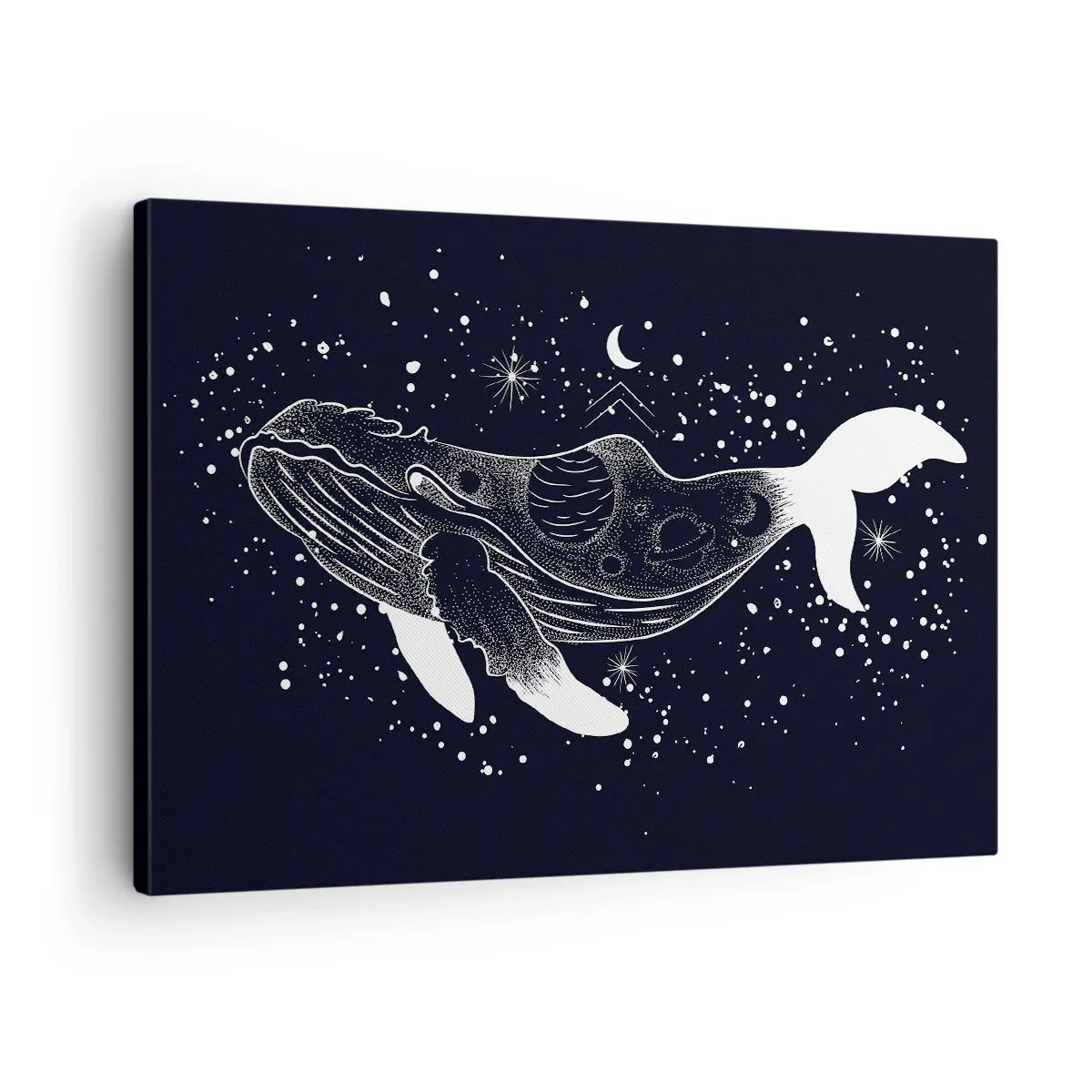 Obraz na płótnie - Graficzna ilustracja wieloryba w kosmicznym stylu - 70x50cm - W oceanie wszechświata - Nowoczesna dekoracja ścienna do salonu i sypialni ARTTOR
