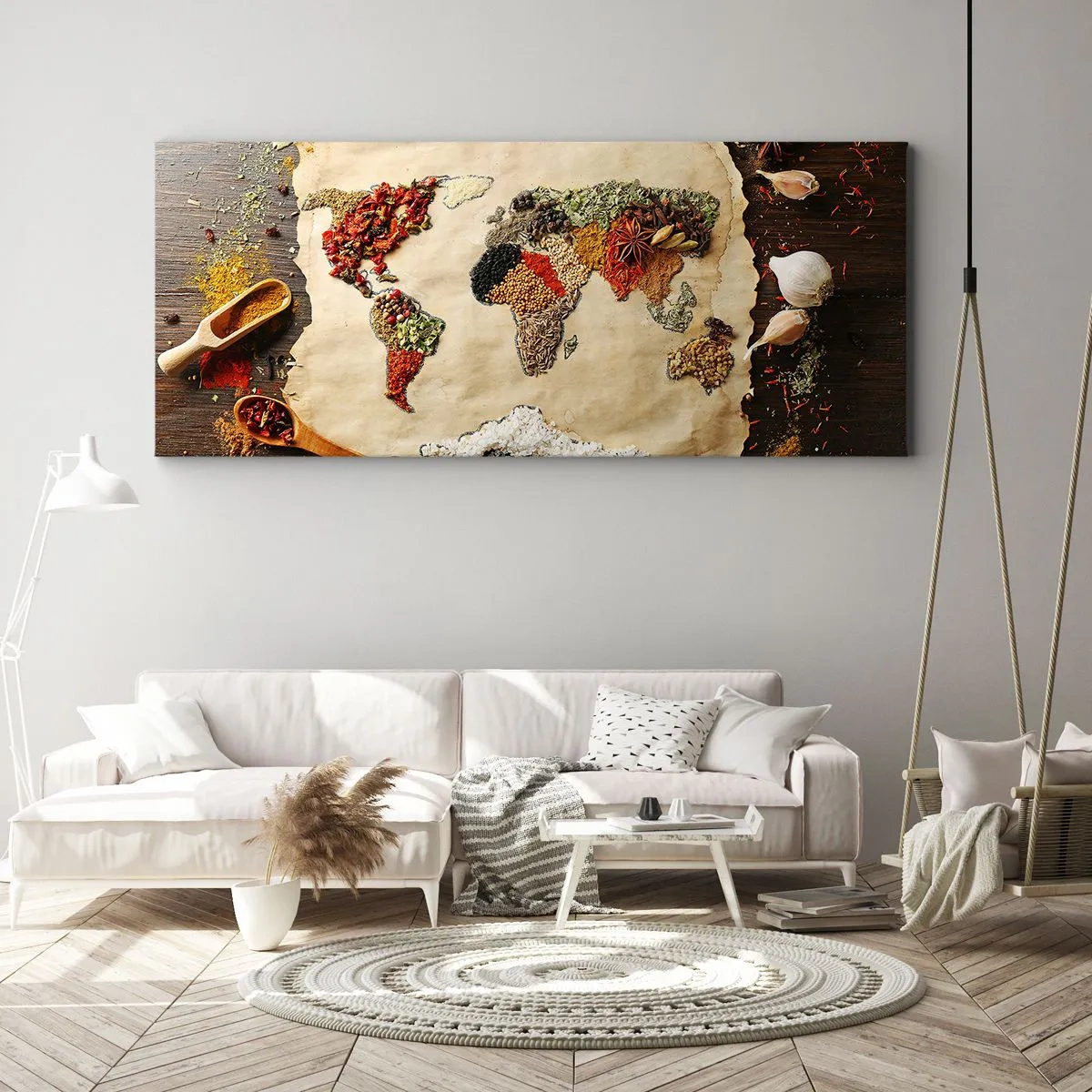 Obraz na płótnie - Mapa świata wykonana z przypraw na drewnianym tle - 160x50cm - Wszystkie smaki świata - Nowoczesna dekoracja ścienna do salonu i sypialni ARTTOR