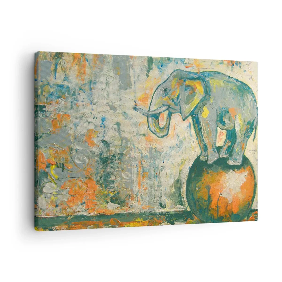 Obraz na płótnie - Słoń balansujący na kuli w artystycznym stylu - 70x50cm - Niech żyje cyrk! - Nowoczesna dekoracja ścienna do salonu i sypialni ARTTOR