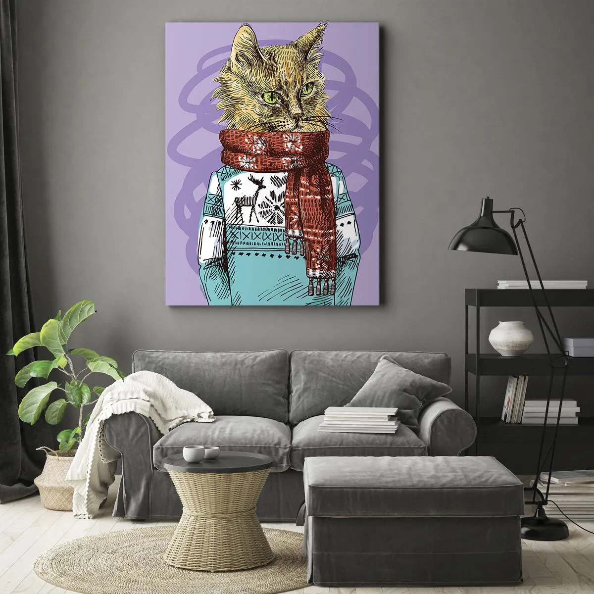 Obraz na płótnie - Ilustracja kota w swetrze i szaliku na fioletowym tle - 50x70cm - Kot nie tylko w butach - Nowoczesna dekoracja ścienna do salonu, kuchni i sypialni ARTTOR