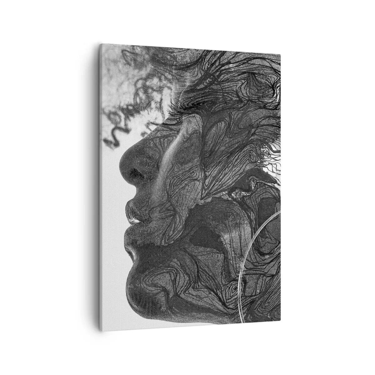 Obraz na płótnie - Abstrakcyjny portret kobiety w czarno-białych liniach i kształtach - 50x70cm - Zaplątana w marzeniach - Nowoczesna dekoracja ścienna do salonu, kuchni i sypialni ARTTOR